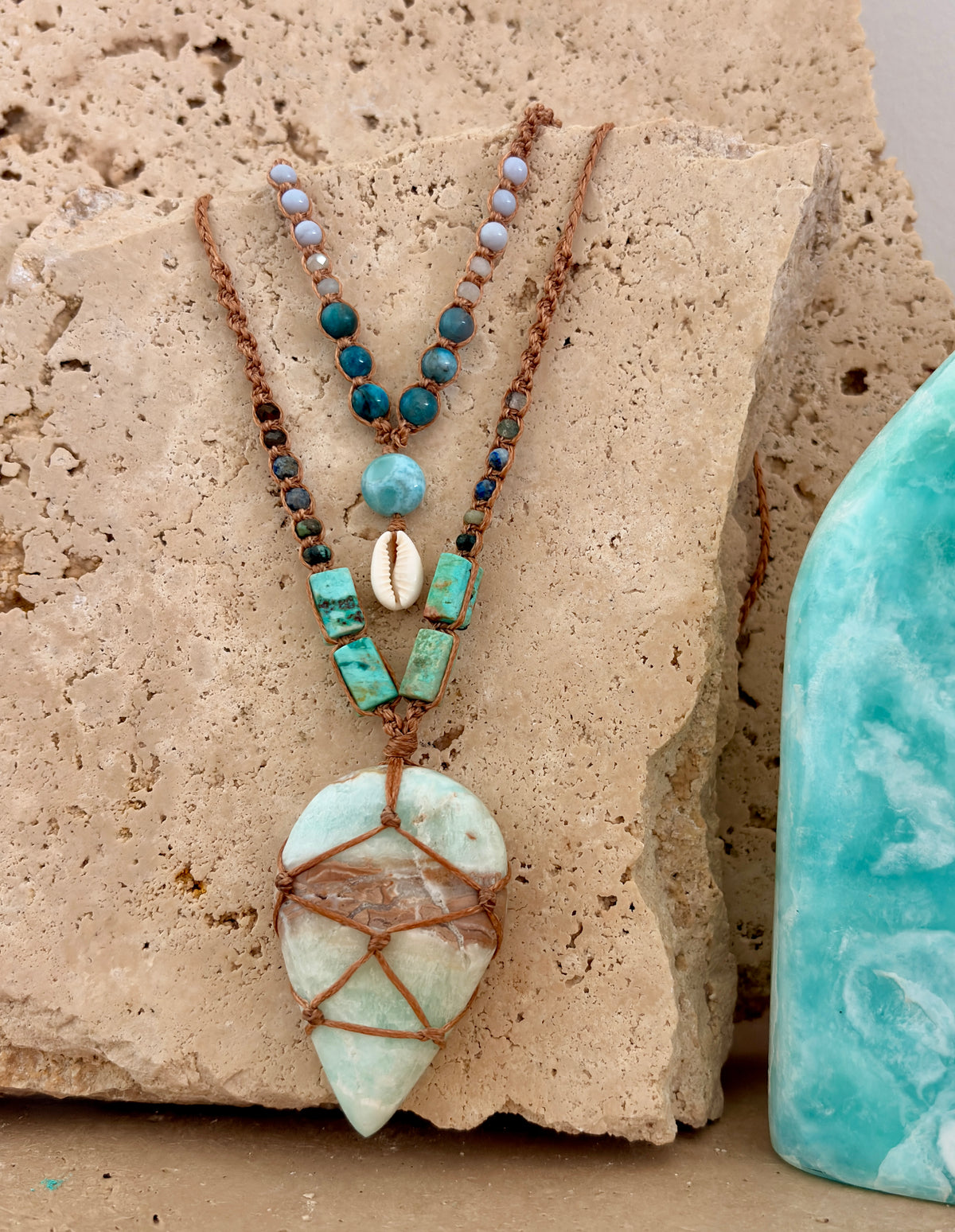Caribbean Calcite teardrop macrame necklace