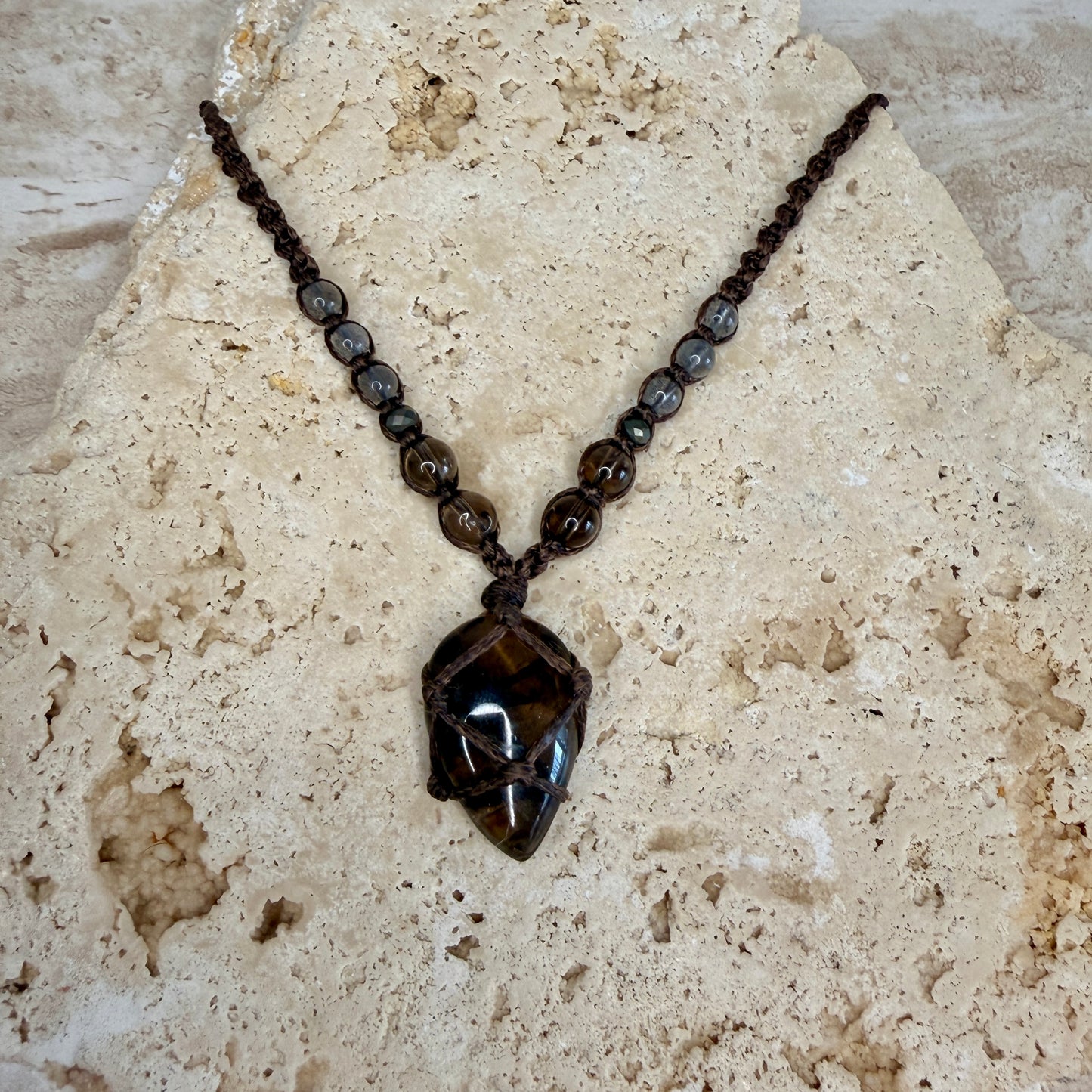Smokey Quartz teardrop macrame necklace