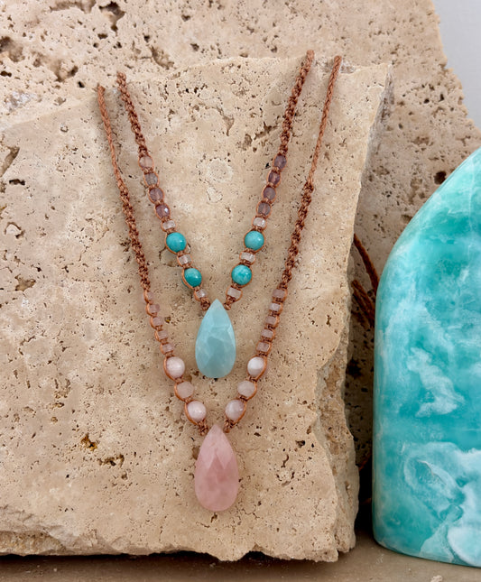 Amazonite teardrop macrame necklace