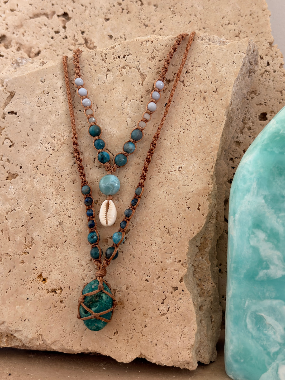 Larimar & Cowrie Shell macrame necklace