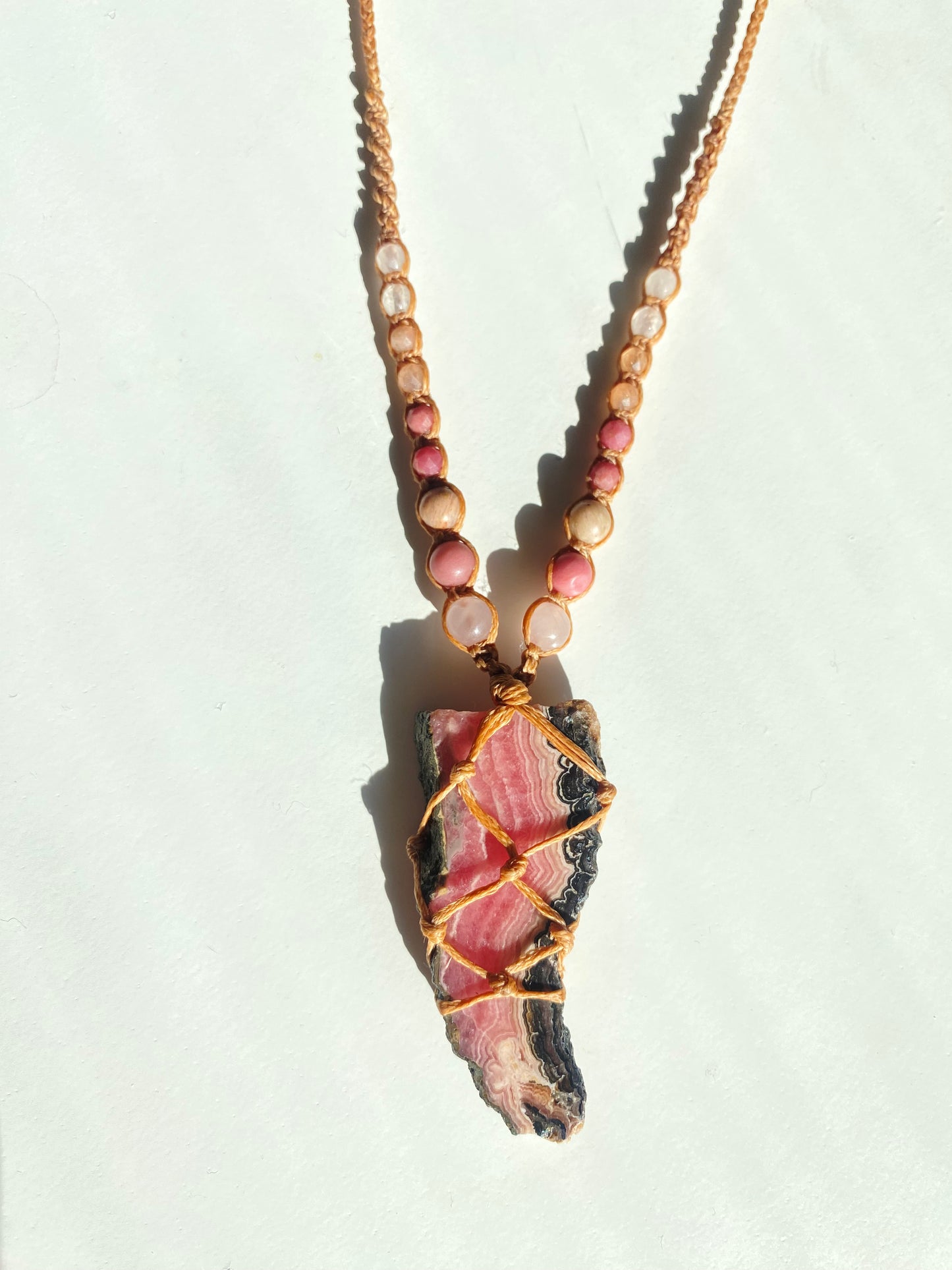 Rhodochrosite slab macrame necklace
