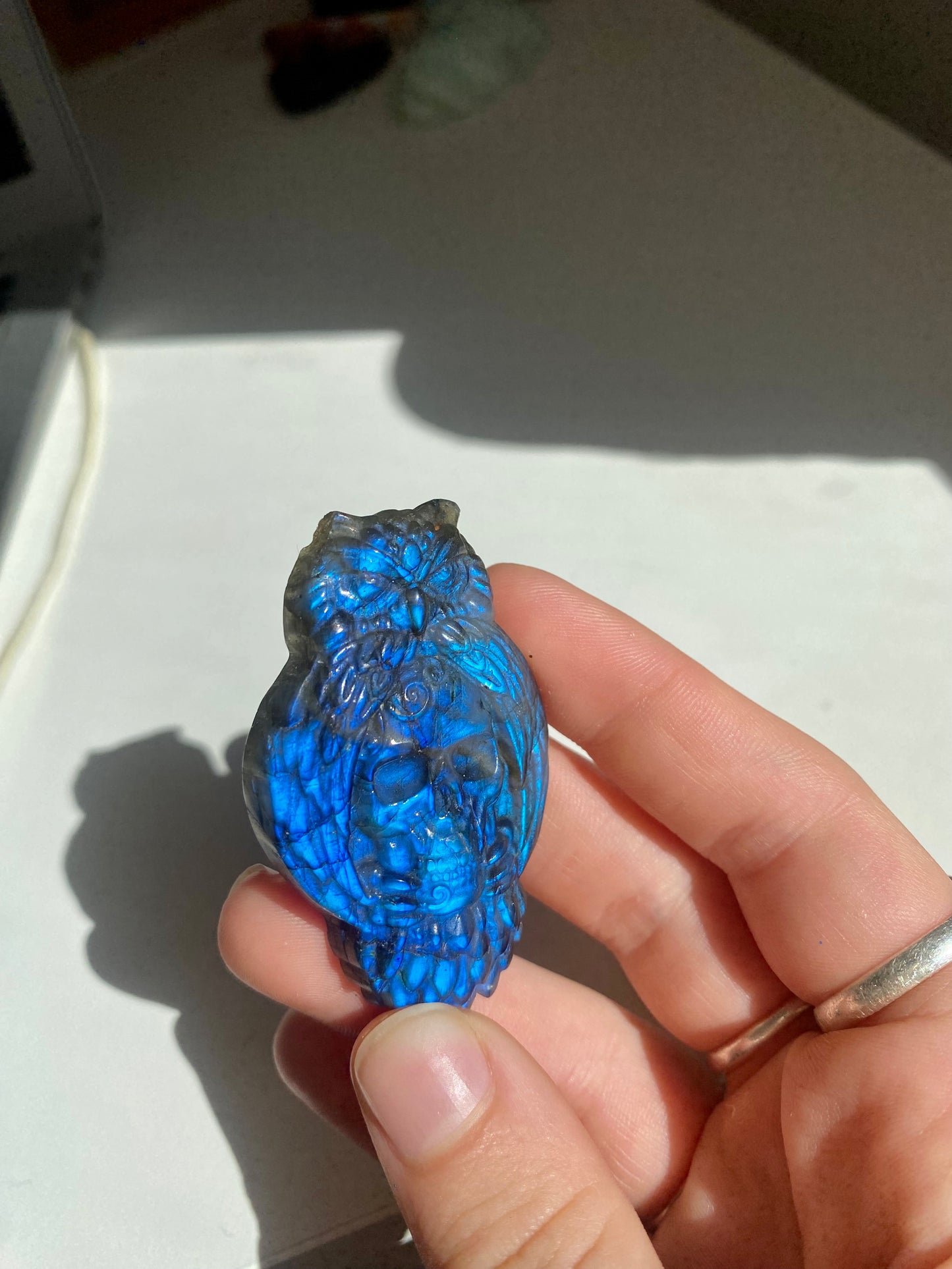 HQ blue labradorite owl & skull macrame necklace