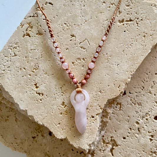 Rose Quartz Goddess Body Macrame Necklace