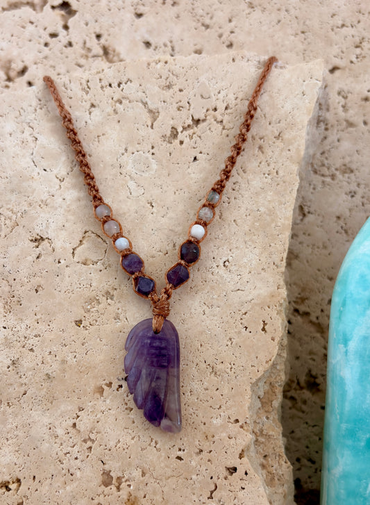 Amethyst wing macrame necklace