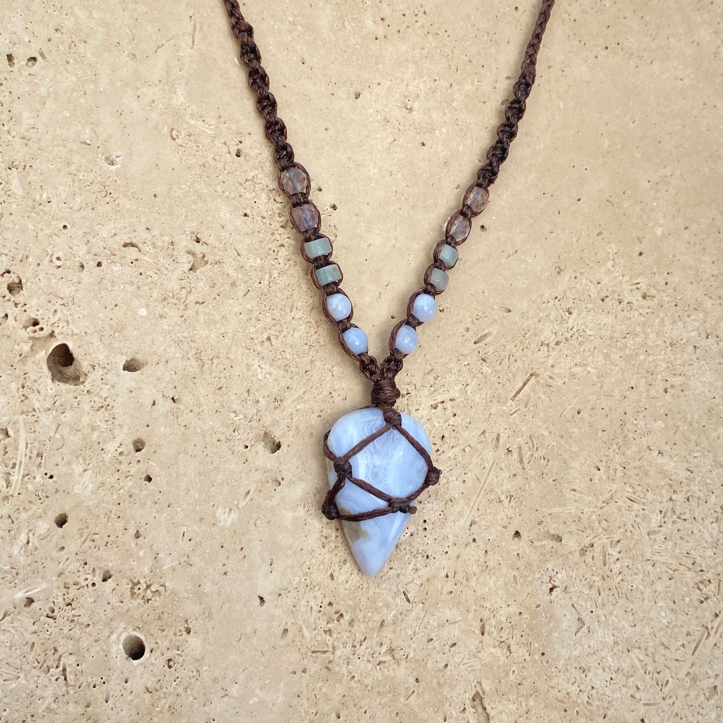 Blue Lace Agate Teardrop Macrame Necklace