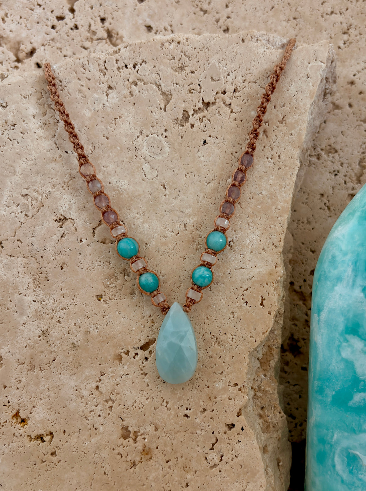 Amazonite teardrop macrame necklace