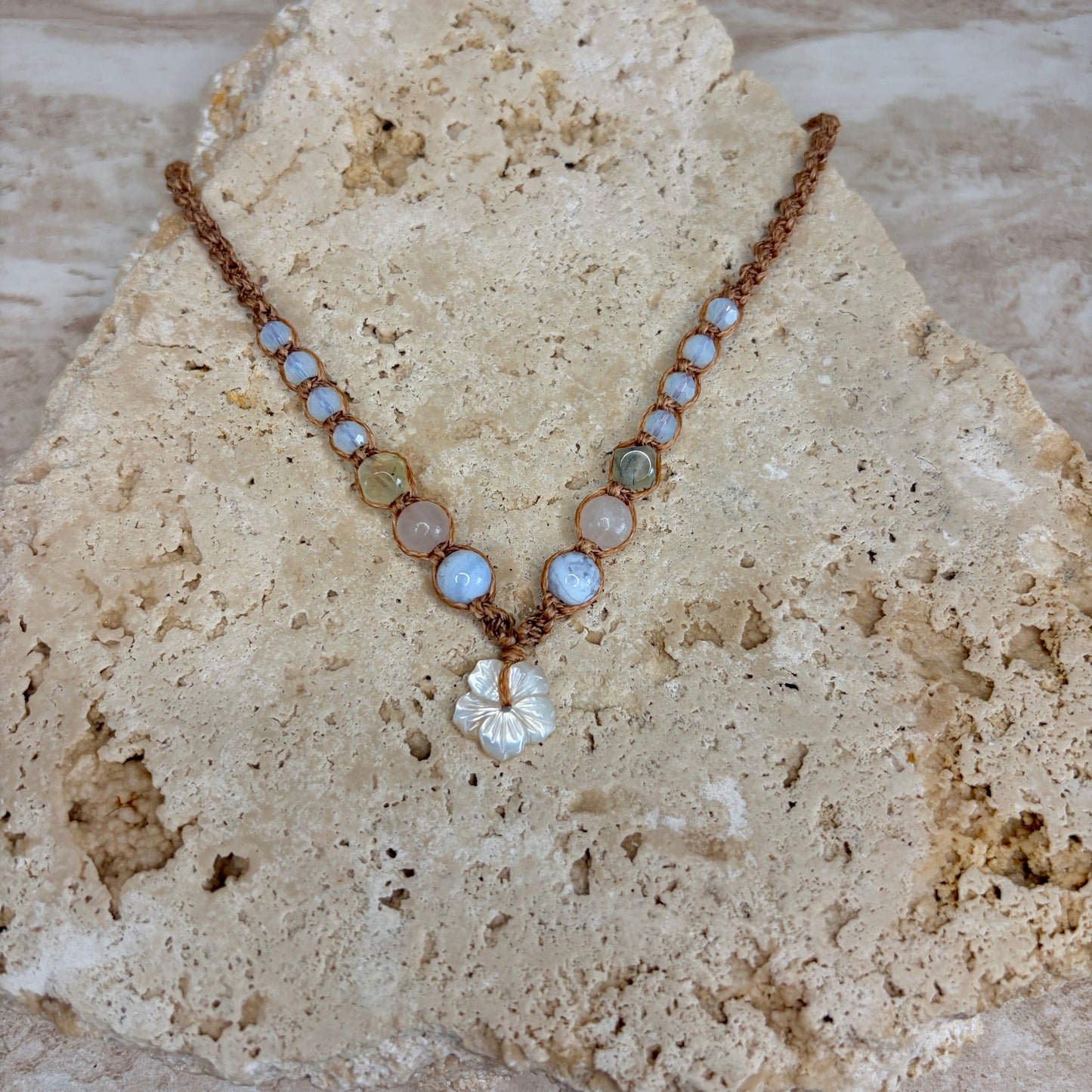 Mother of Pearl Hibiscus macrame necklace