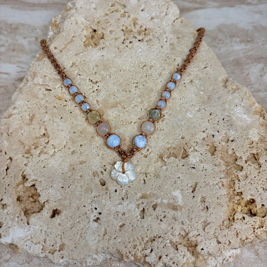 Mother of Pearl Hibiscus macrame necklace
