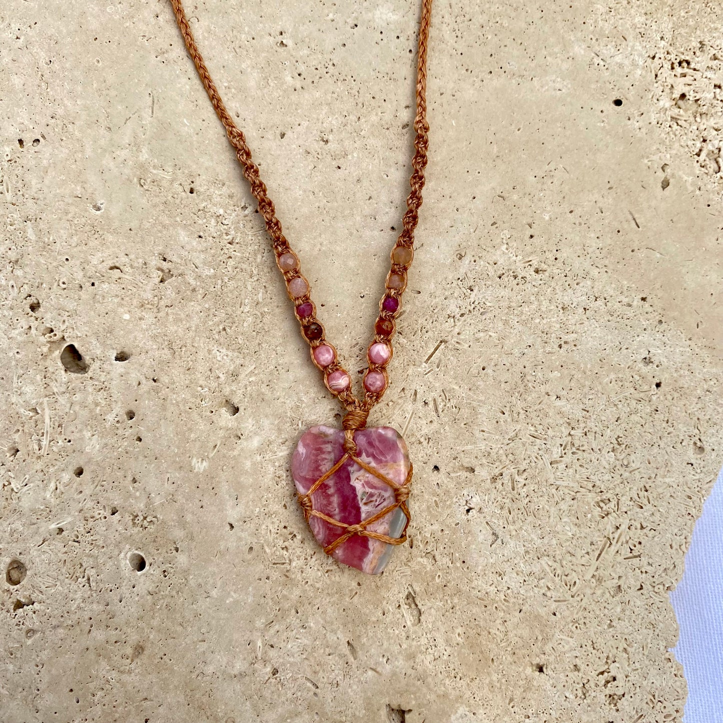 Rhodochrosite macrame necklace