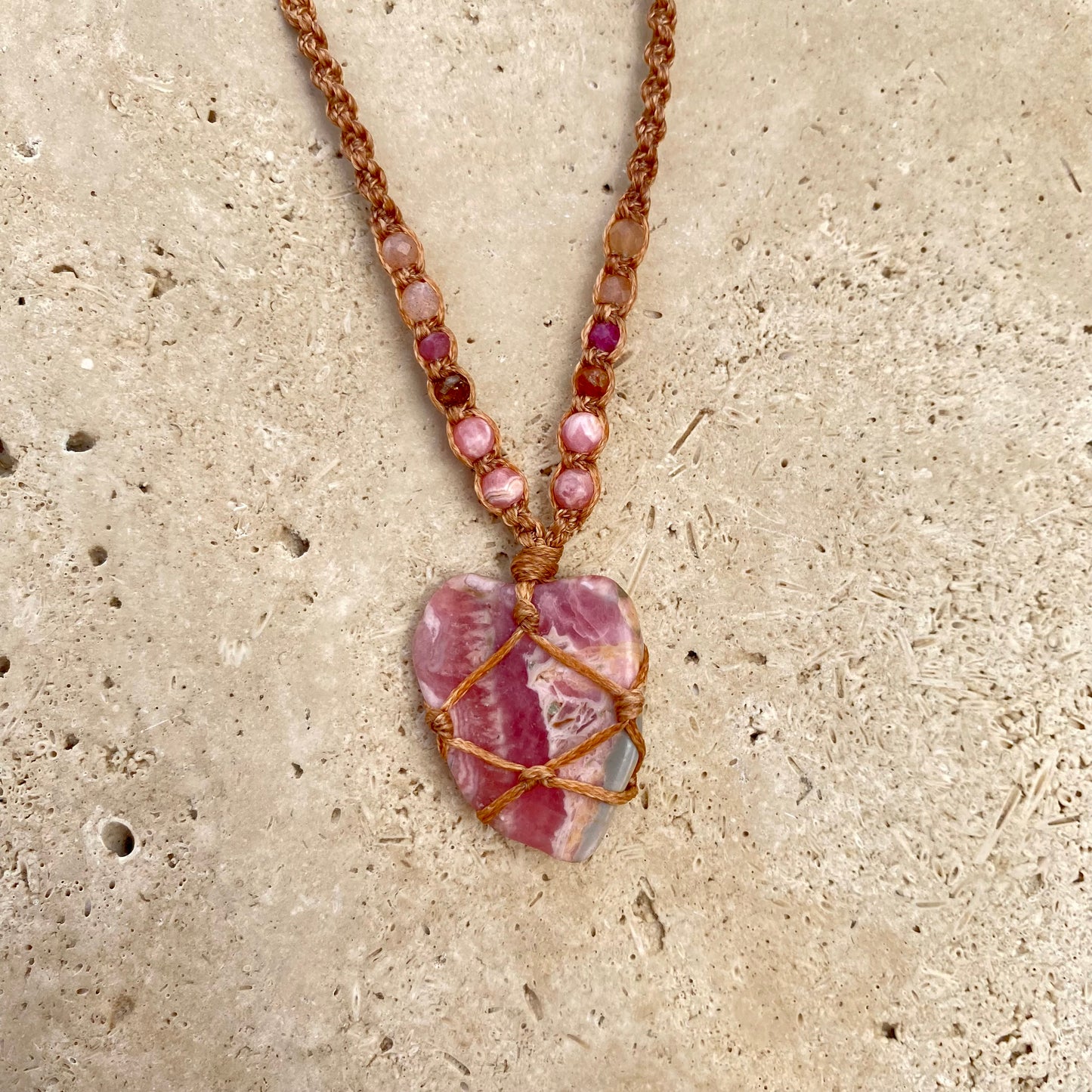 Rhodochrosite macrame necklace