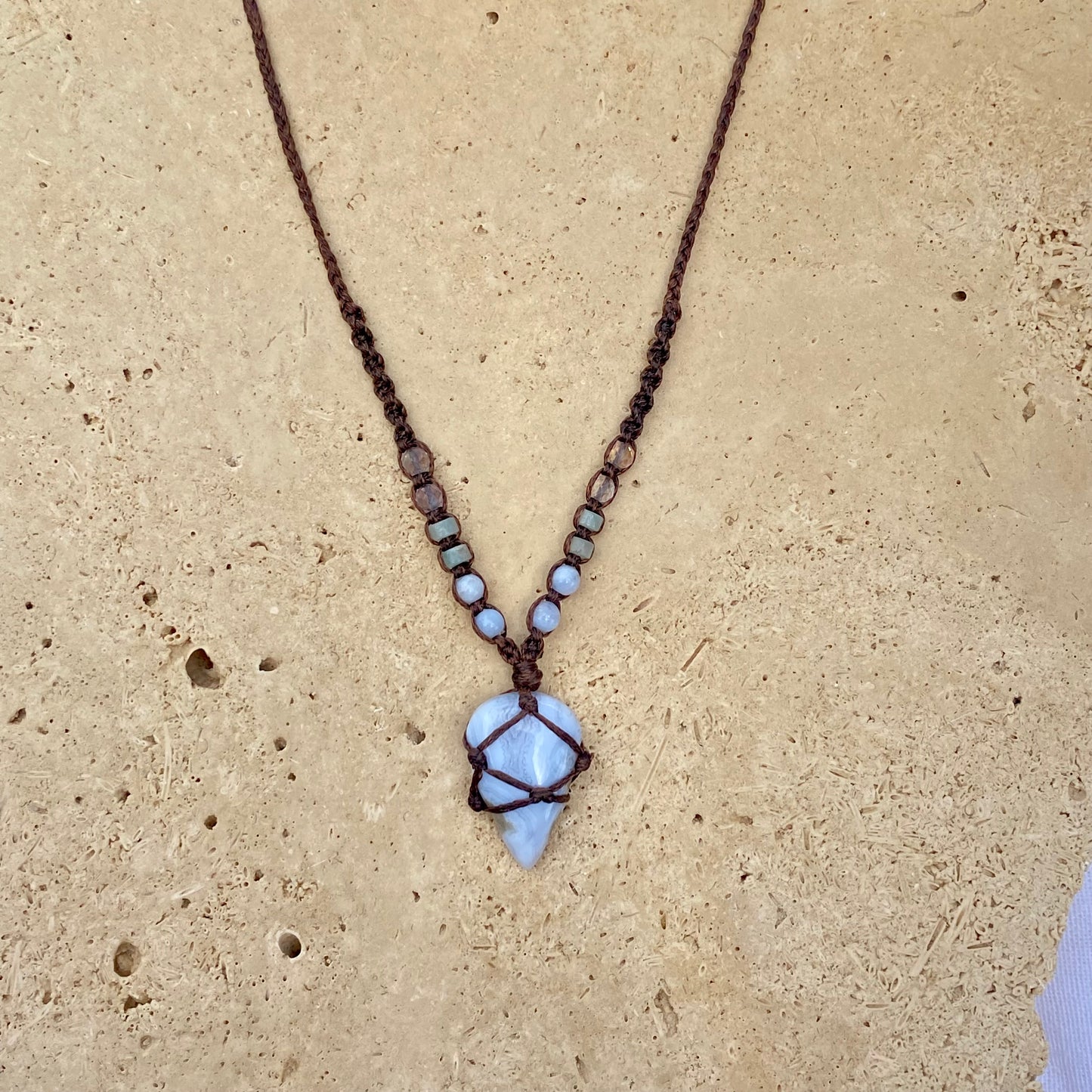 Blue Lace Agate Teardrop Macrame Necklace