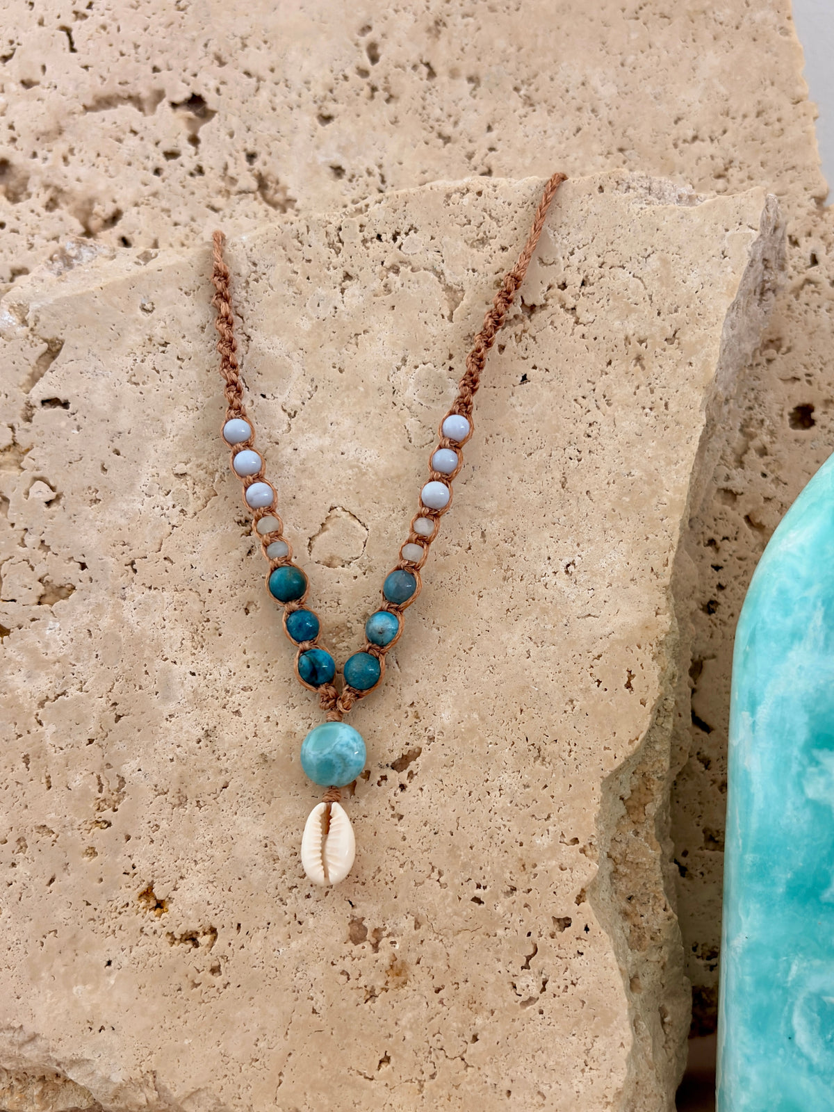 Larimar & Cowrie Shell macrame necklace