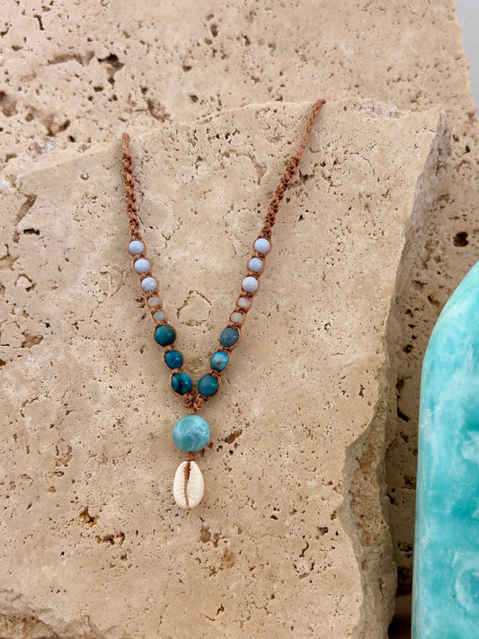 Larimar & Cowrie Shell macrame necklace
