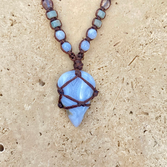 Blue Lace Agate Teardrop Macrame Necklace