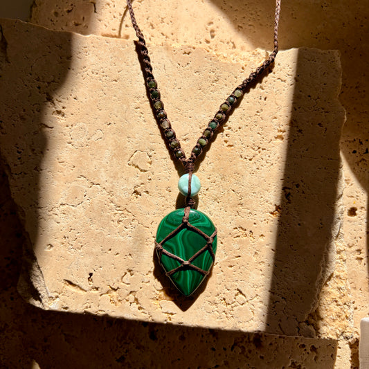 Malachite & Larimar macrame necklace