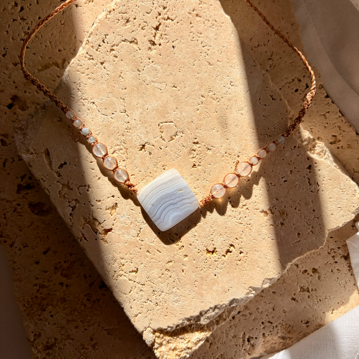 Blue Lace Agate diamond macrame necklace