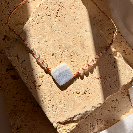 Blue Lace Agate diamond macrame necklace