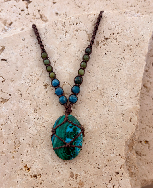 Malachite & Chrysocolla macrame necklace