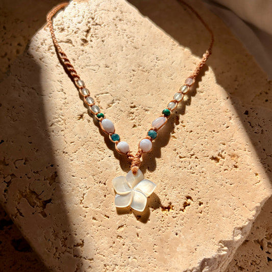 Mother of Pearl frangipani macrame necklace