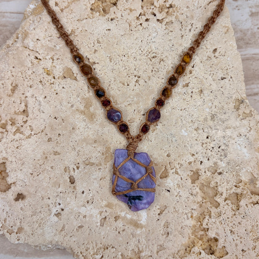 Charoite slab macrame necklace