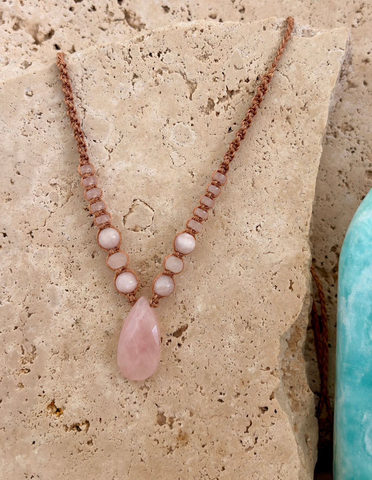 Rose Quartz teardrop macrame necklace
