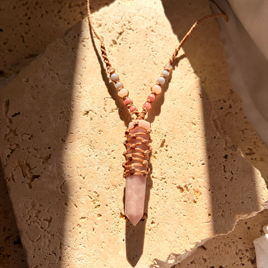 Pink Amethyst point macrame necklace