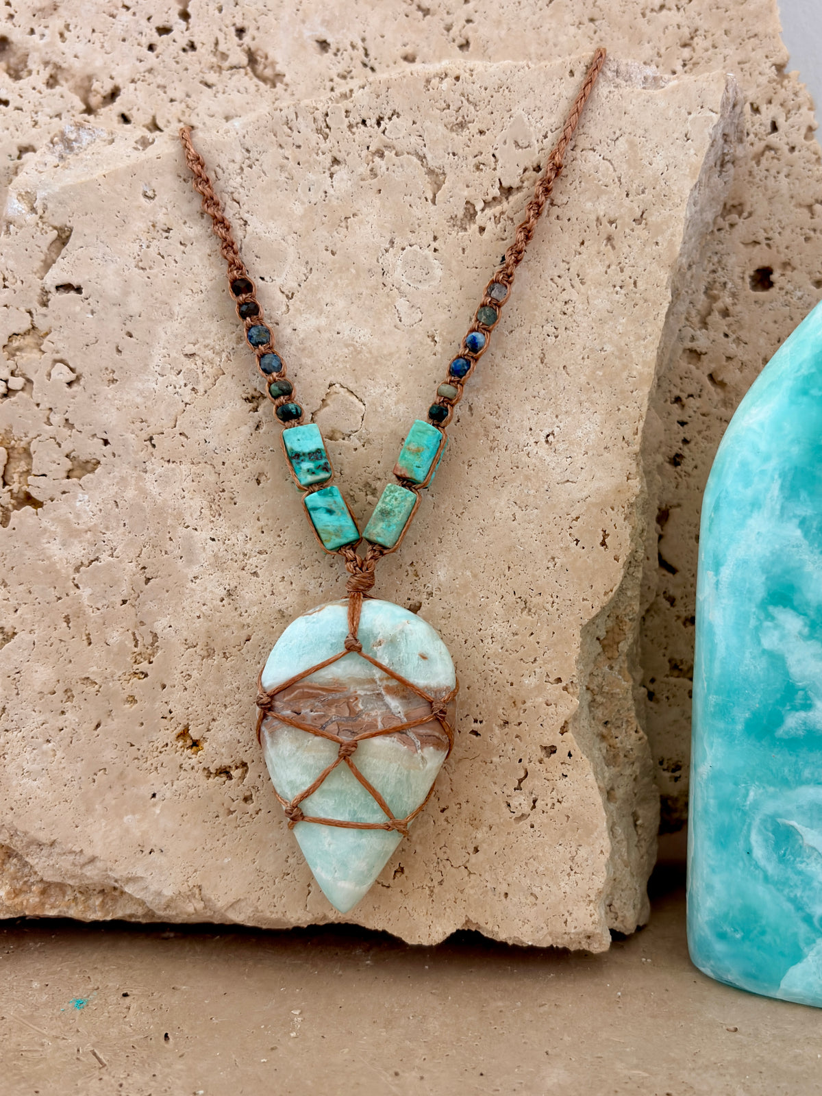 Caribbean Calcite teardrop macrame necklace