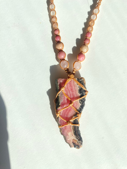 Rhodochrosite slab macrame necklace