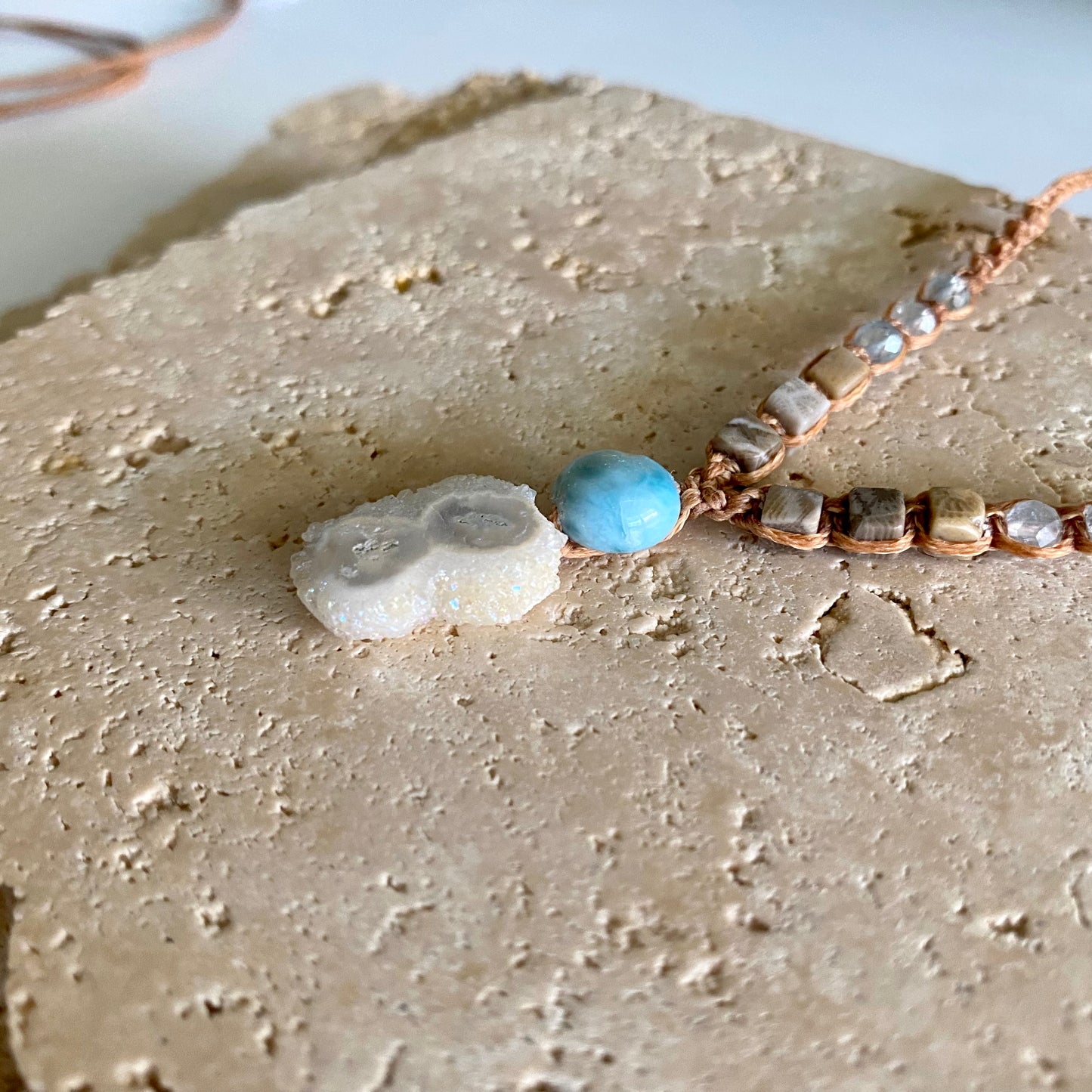 Larimar & Aura Quartz Macrame Necklace