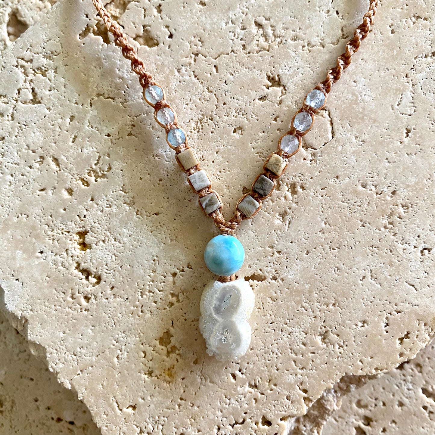 Larimar & Aura Quartz Macrame Necklace