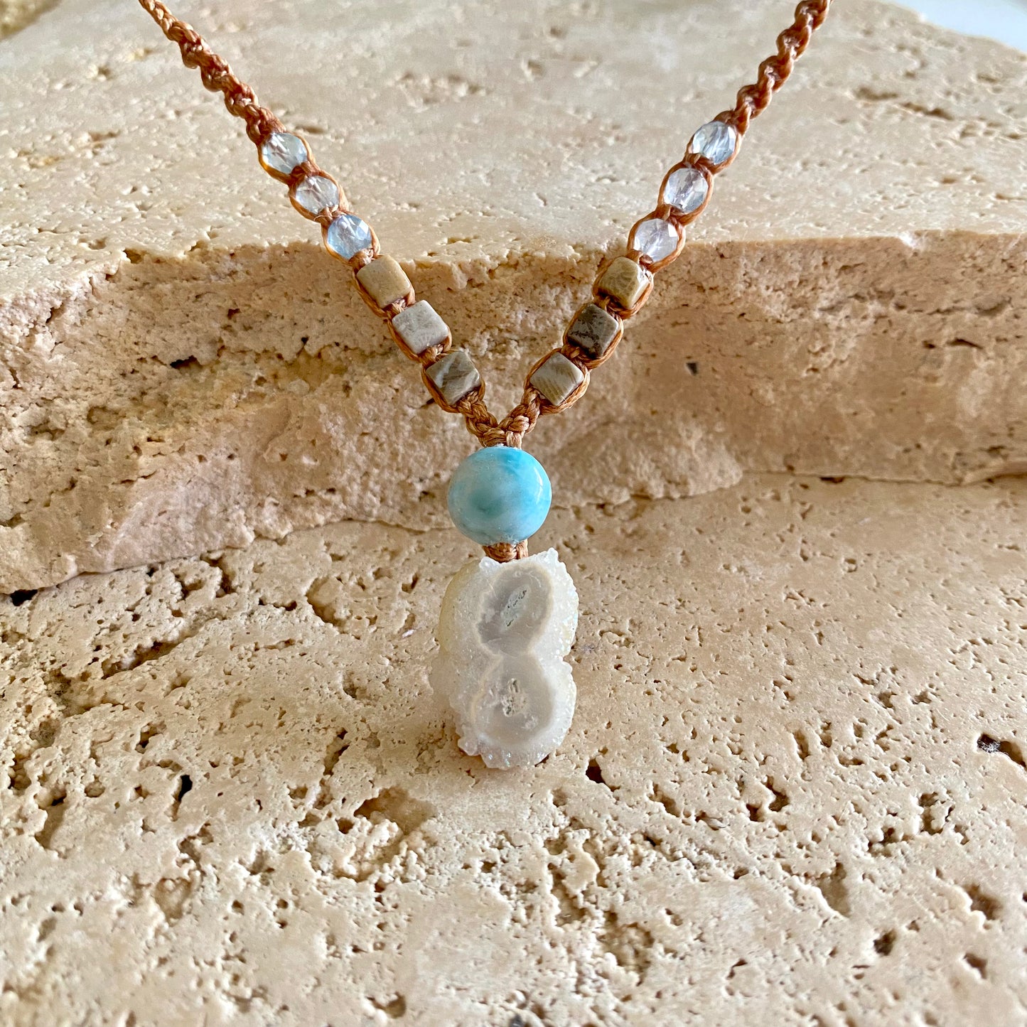 Larimar & Aura Quartz Macrame Necklace