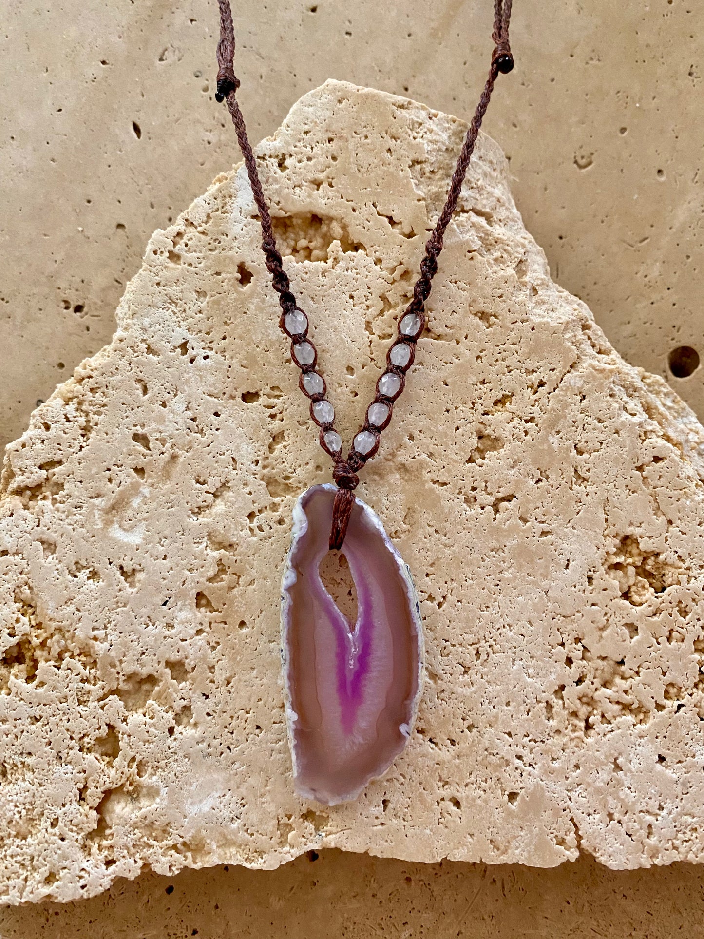 Purple Agate slice Macrame Necklace